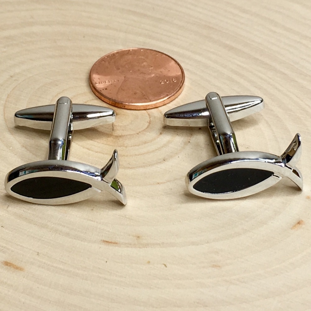 Fish Cufflinks Religious Silver with Black Enamel - Picture 3 of 8
